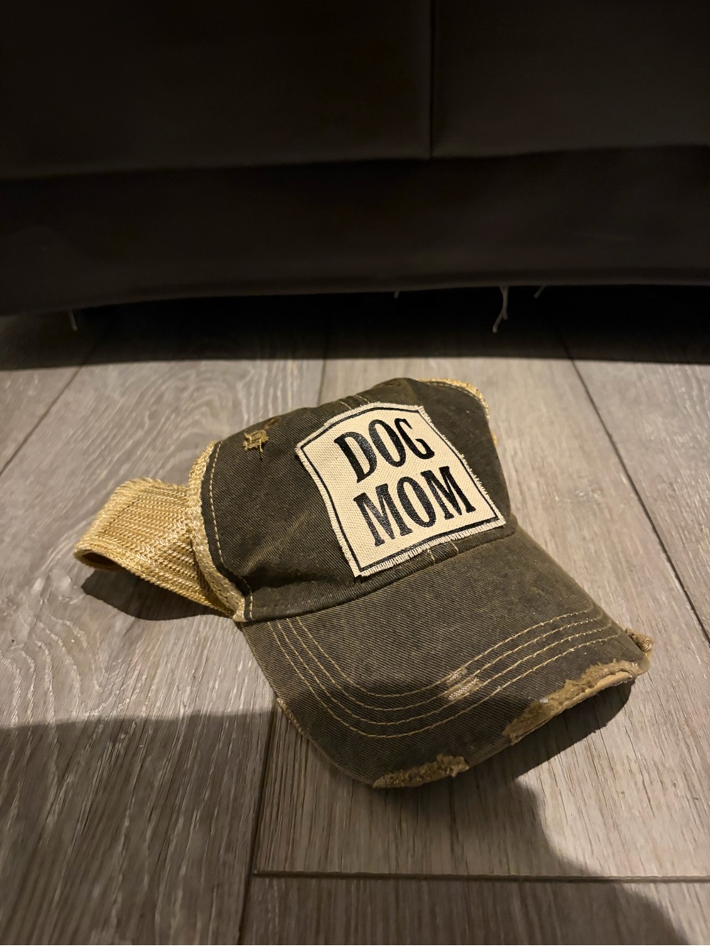 Dog Mom Distressed Trucker Hat - Olive/Beige
